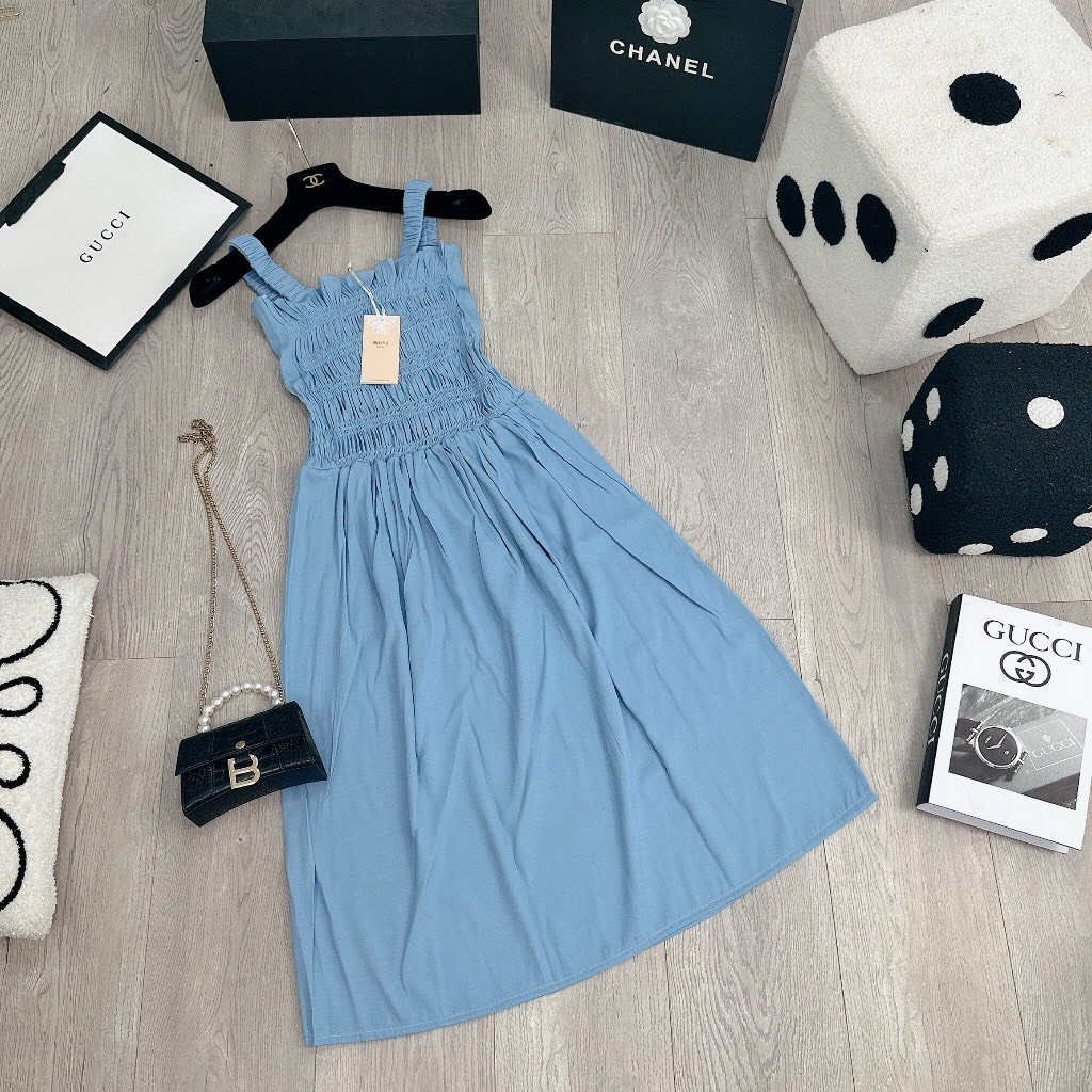 Váy 2 dây,váy bò hai dây đầm maxi váy jeans hai dây dáng dài nhún chun ngực trẻ trung SV72 HOASUMO