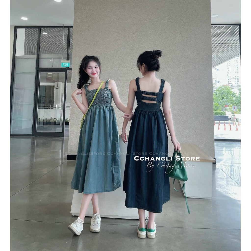 Váy 2 dây,váy bò hai dây đầm maxi váy jeans hai dây dáng dài nhún chun ngực trẻ trung SV72 HOASUMO
