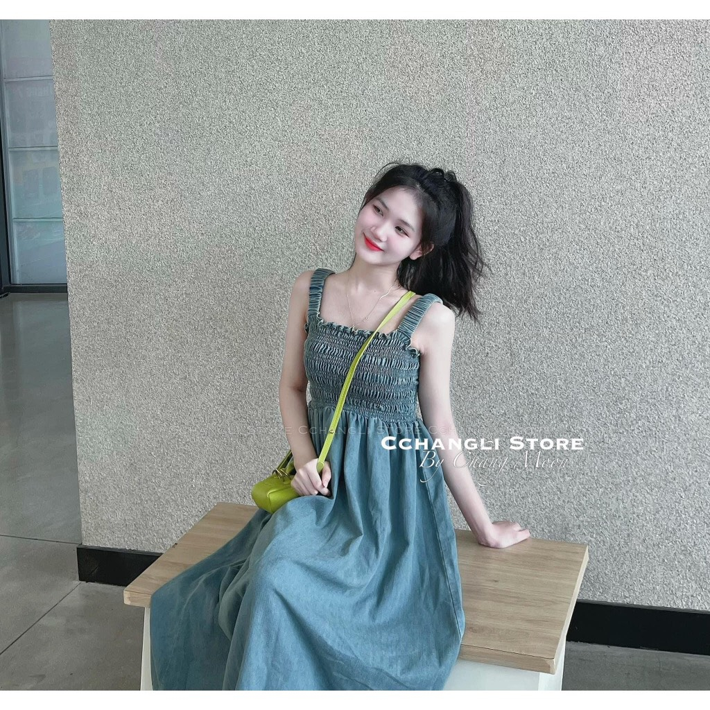 Váy 2 dây,váy bò hai dây đầm maxi váy jeans hai dây dáng dài nhún chun ngực trẻ trung SV72 HOASUMO