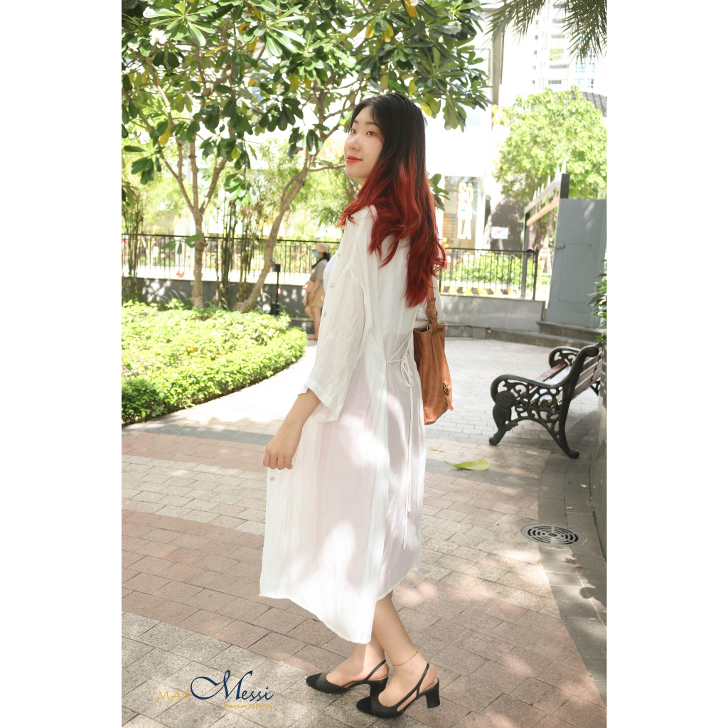 MaxMessi- Áo khoát sơ mi voan nữ Linen Tưng Premium dáng dài có thắt eo