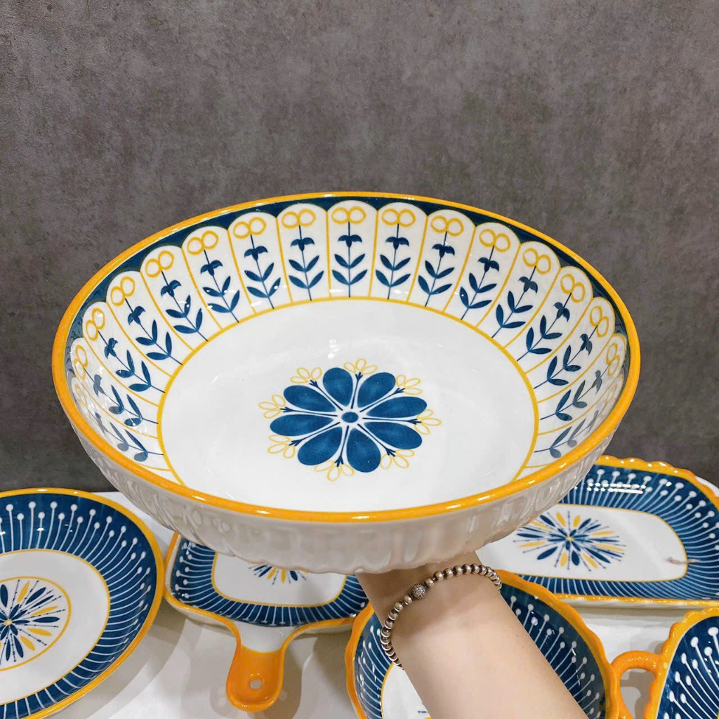 Bộ bát đĩa decor, Chén dĩa dễ thương, Bộ chén dĩa hoạ tiết thổ cẩm viền vàng siêu đẹp