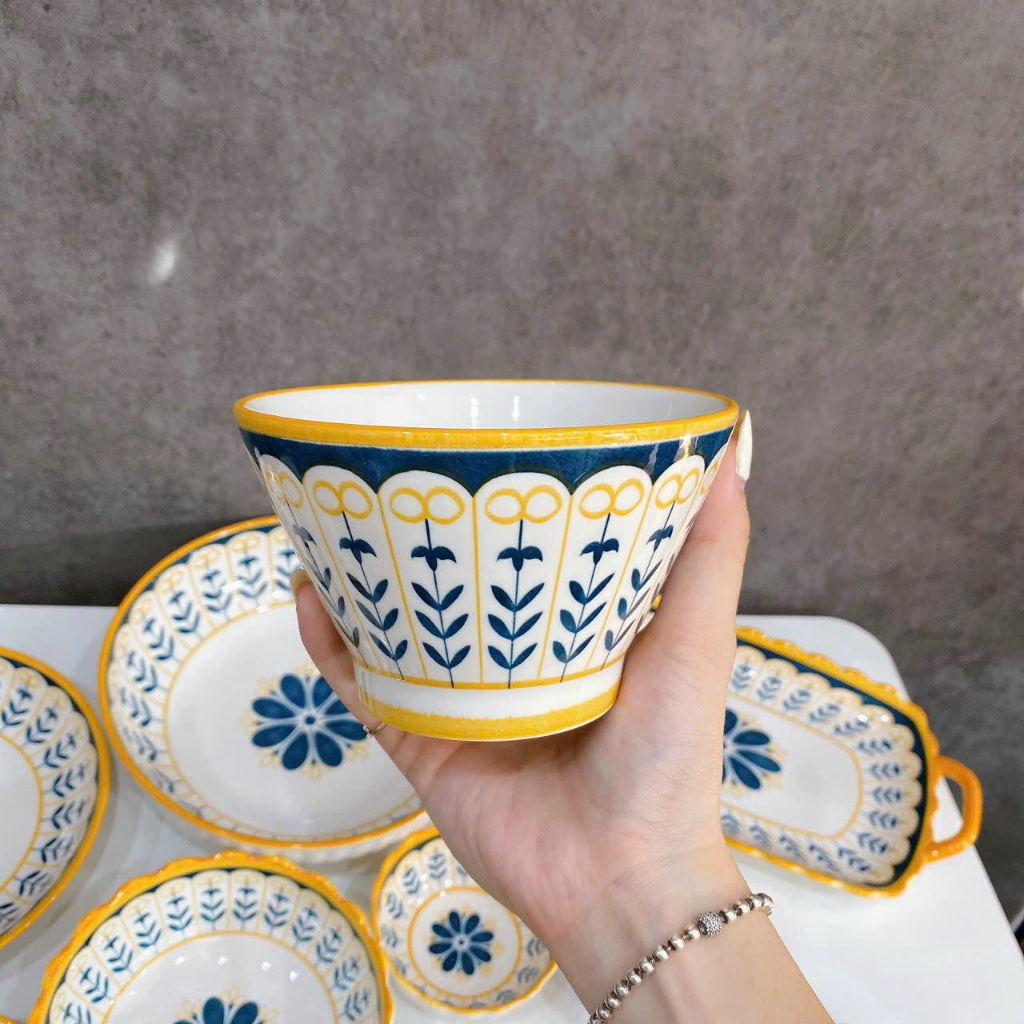 Bộ bát đĩa decor, Chén dĩa dễ thương, Bộ chén dĩa hoạ tiết thổ cẩm viền vàng siêu đẹp