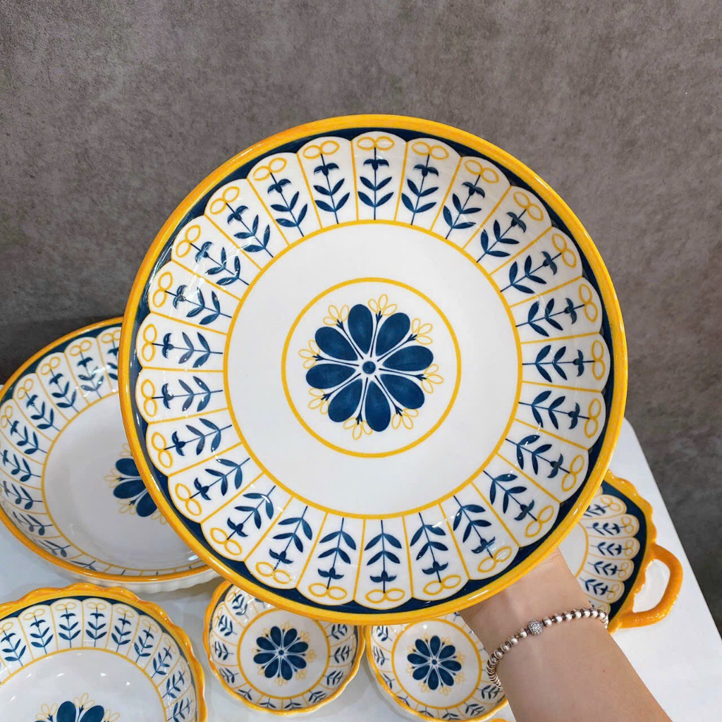 Bộ bát đĩa decor, Chén dĩa dễ thương, Bộ chén dĩa hoạ tiết thổ cẩm viền vàng siêu đẹp