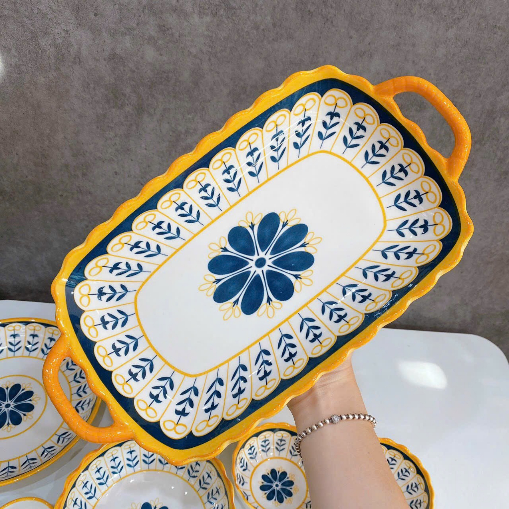 Bộ bát đĩa decor, Chén dĩa dễ thương, Bộ chén dĩa hoạ tiết thổ cẩm viền vàng siêu đẹp