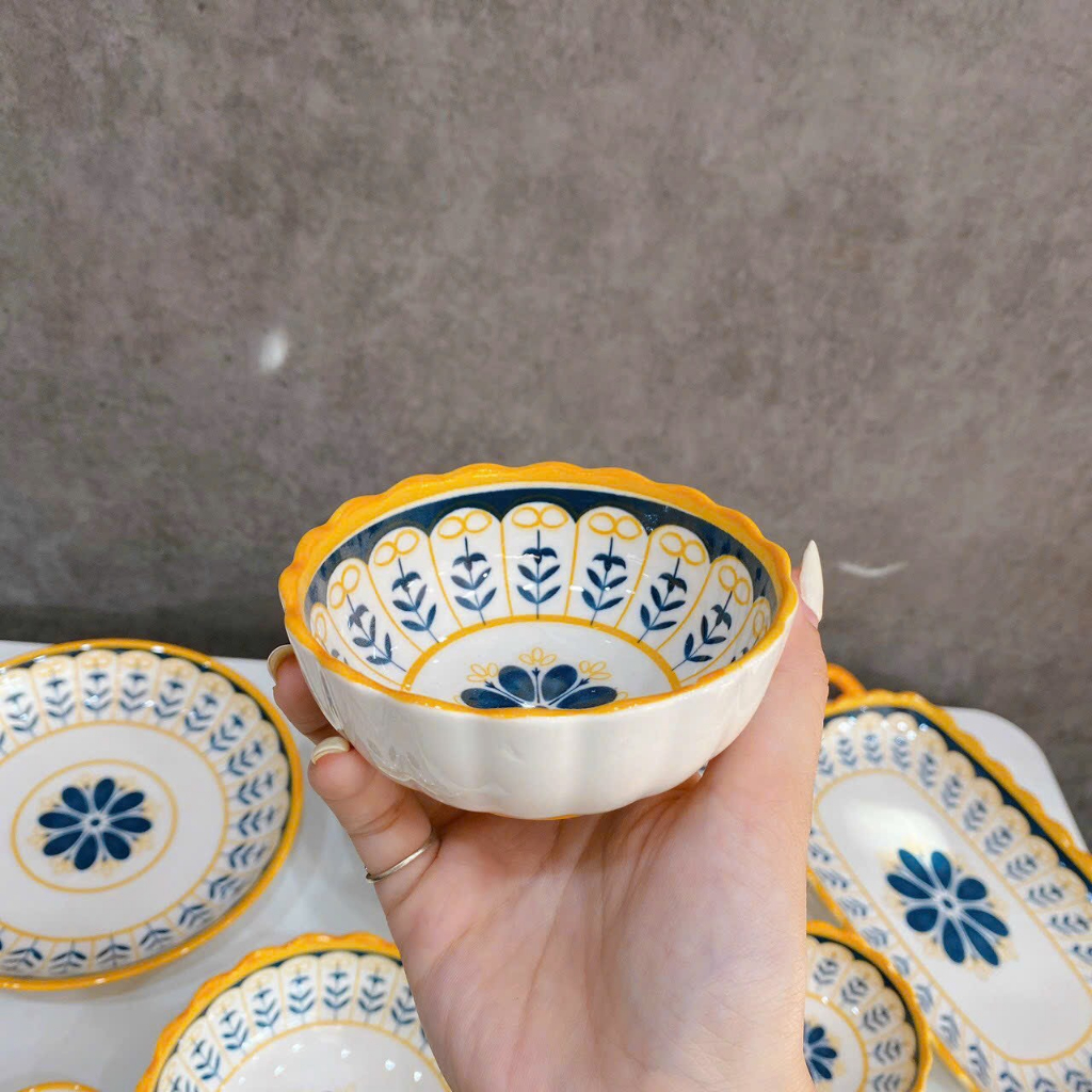 Bộ bát đĩa decor, Chén dĩa dễ thương, Bộ chén dĩa hoạ tiết thổ cẩm viền vàng siêu đẹp