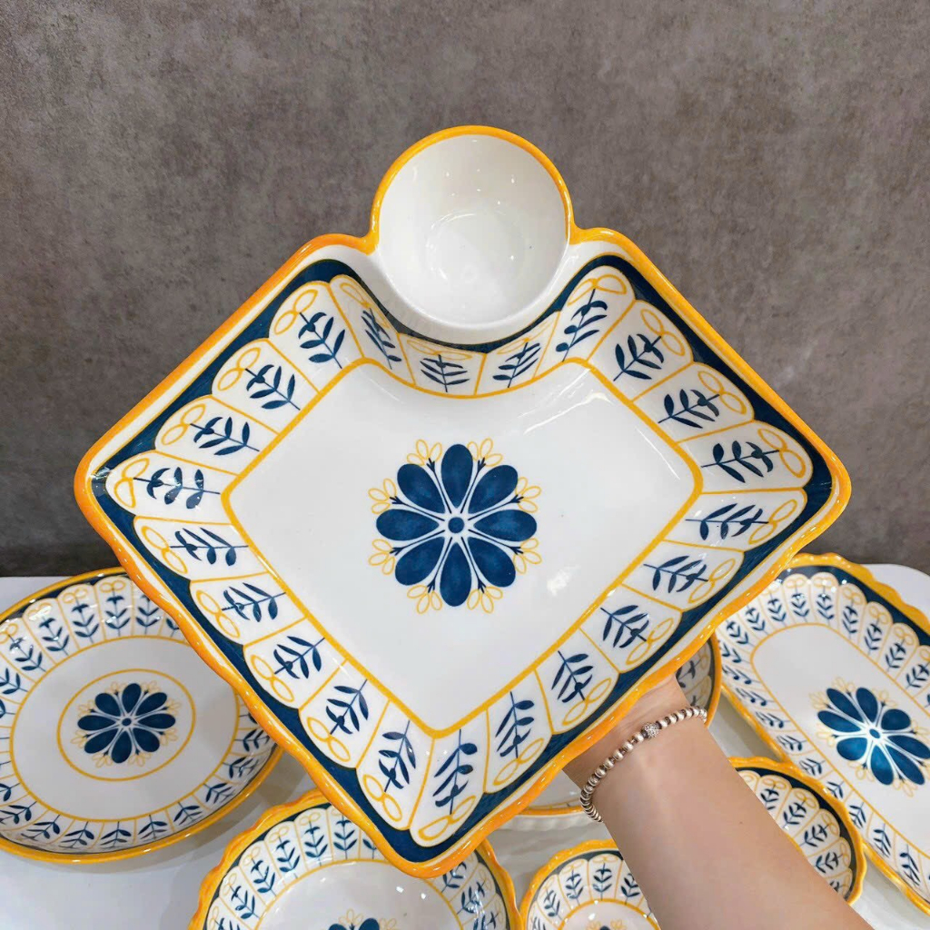 Bộ bát đĩa decor, Chén dĩa dễ thương, Bộ chén dĩa hoạ tiết thổ cẩm viền vàng siêu đẹp