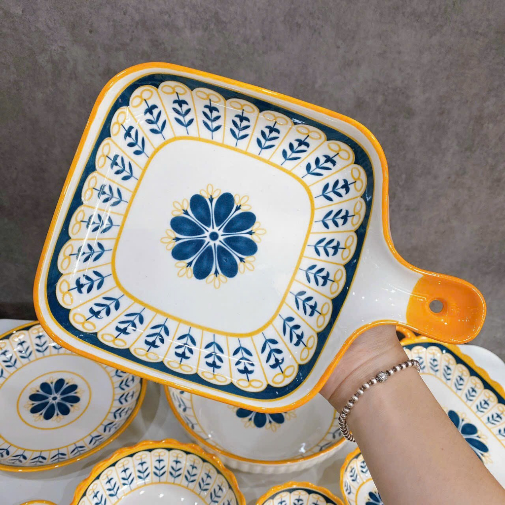 Bộ bát đĩa decor, Chén dĩa dễ thương, Bộ chén dĩa hoạ tiết thổ cẩm viền vàng siêu đẹp