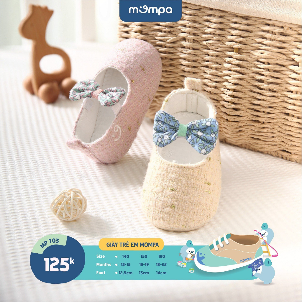 Giày tập đi cho bé gái Mompa 13 đến 22 tháng quai đeo thắt nơ vải dạ thoáng mát thấm hút mồ hôi 703