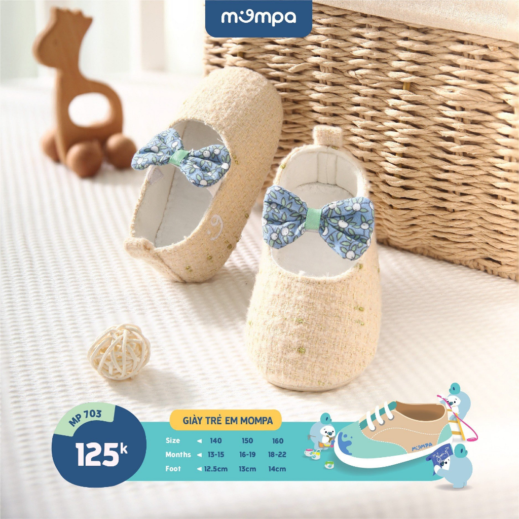 Giày tập đi cho bé gái Mompa 13 đến 22 tháng quai đeo thắt nơ vải dạ thoáng mát thấm hút mồ hôi 703