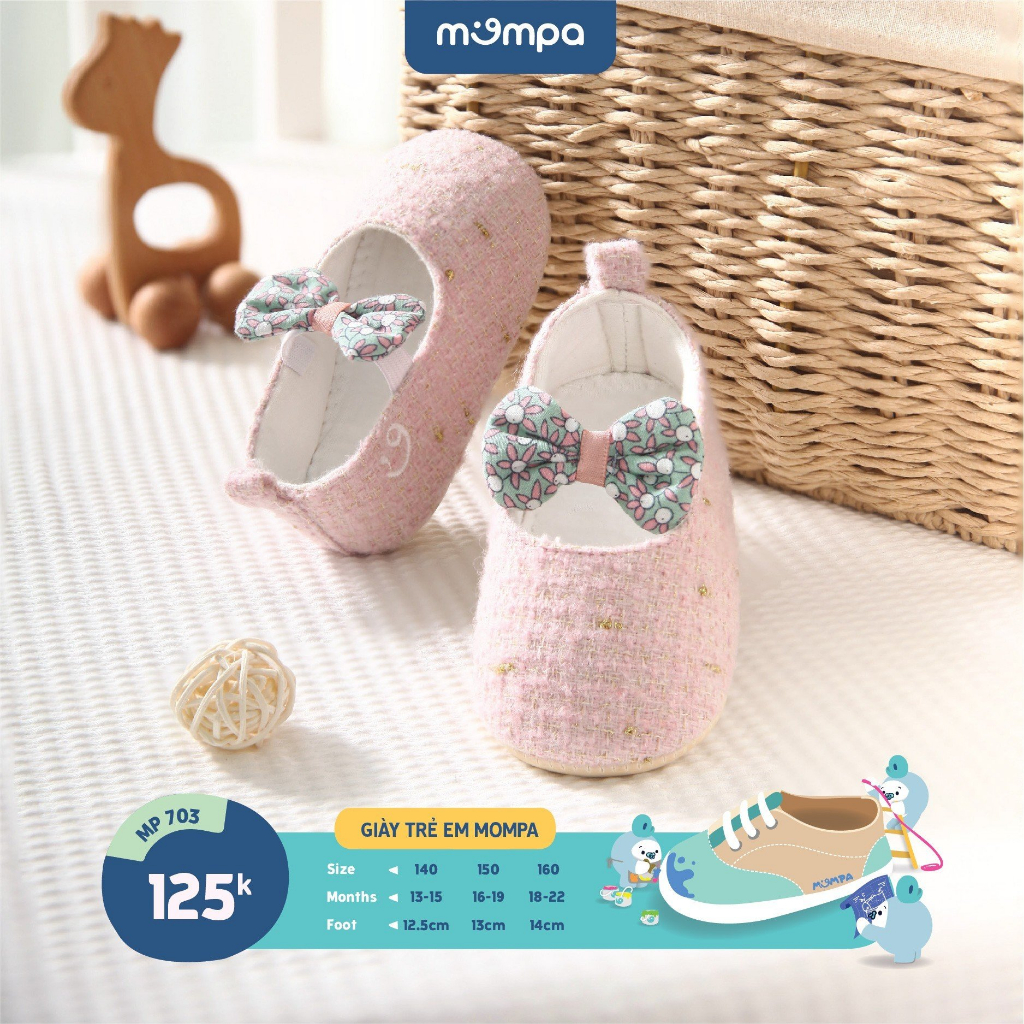 Giày tập đi cho bé gái Mompa 13 đến 22 tháng quai đeo thắt nơ vải dạ thoáng mát thấm hút mồ hôi 703