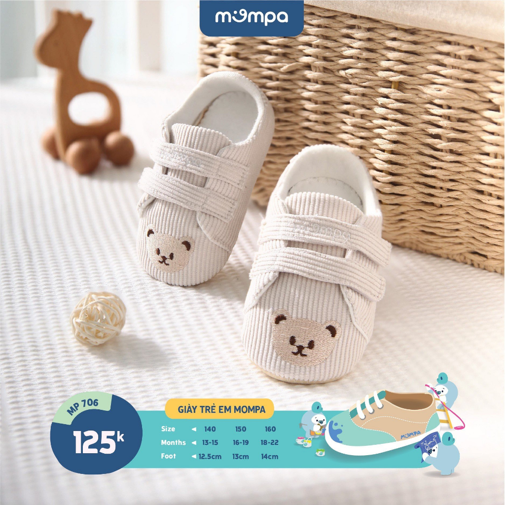 Giày tập đi đế mềm cho bé Mompa 13 đến 22 tháng vải thoáng mát họa tiết gấu dễ thương 706