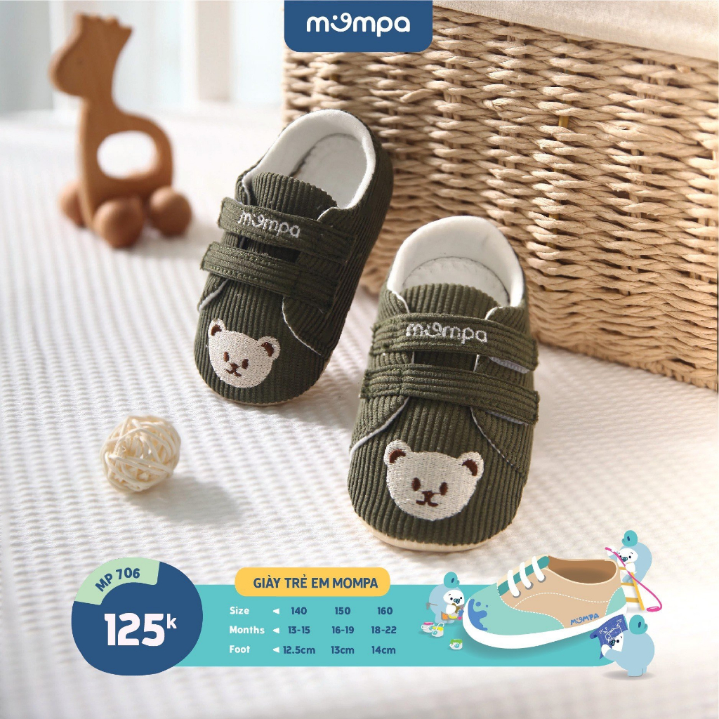 Giày tập đi đế mềm cho bé Mompa 13 đến 22 tháng vải thoáng mát họa tiết gấu dễ thương 706