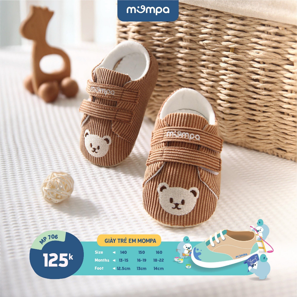 Giày tập đi đế mềm cho bé Mompa 13 đến 22 tháng vải thoáng mát họa tiết gấu dễ thương 706
