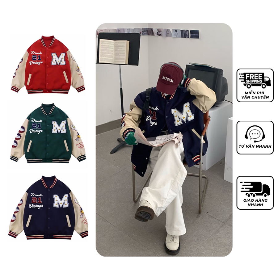 Áo khoác Varsity Dạ Phối Tay Da Cao Cấp, chất liệu nỉ cotton, thêu họa tiết phong cách unisex