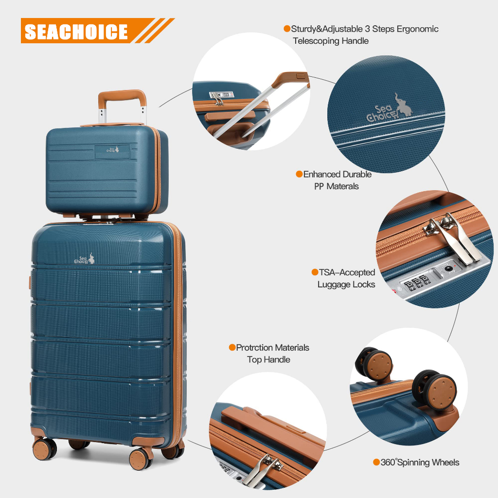Vali kéo du lịch cao cấp SeaChoice 2026 Nhựa PP nhẹ Size 12+20/24/28'' khóa số TSA Bánh xe 360° Dây kéo YKK