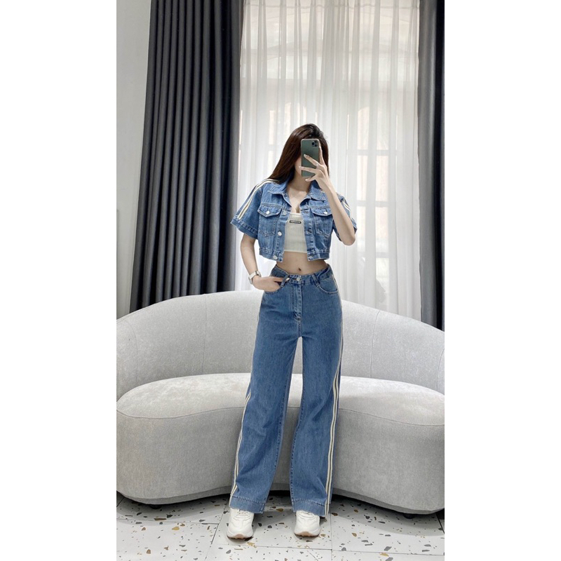 SET JEAN kiểu QUẦN XUÔNG VIỀN SỌC BÊN HÔNG DÁNG DÀI PHỦ GÓT