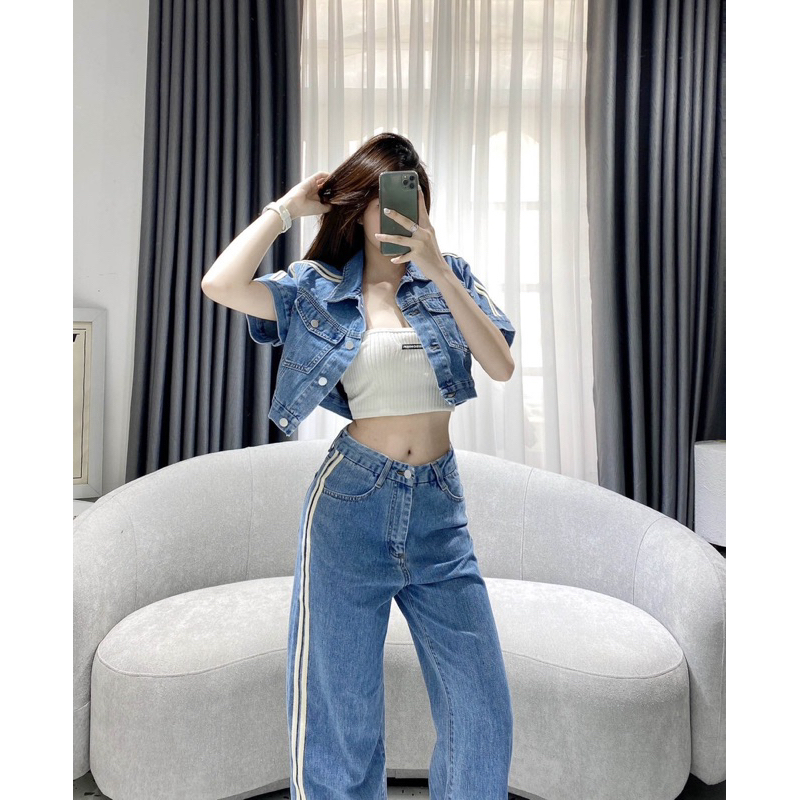 SET JEAN kiểu QUẦN XUÔNG VIỀN SỌC BÊN HÔNG DÁNG DÀI PHỦ GÓT