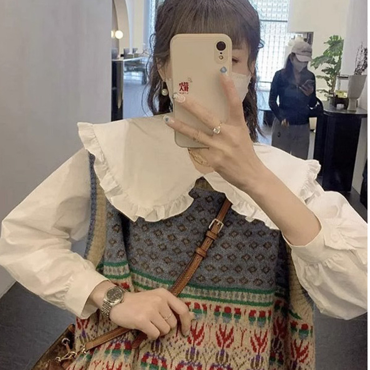 Áo len gile nữ kiểu họa tiết thổ cẩm vintage swater gile nữ phối sơ mi form rộng cổ búp bê 7502
