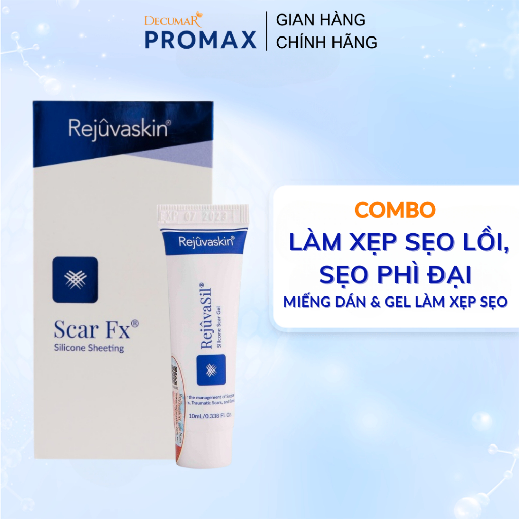 Gel ngăn ngừa sẹo và miếng dán làm xẹp sẹo lồi, sẹo phì đại REJUVASKIN Scar Rejuvasil & FX