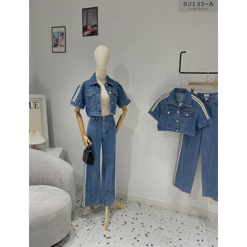 SET JEAN kiểu QUẦN XUÔNG VIỀN SỌC BÊN HÔNG DÁNG DÀI PHỦ GÓT