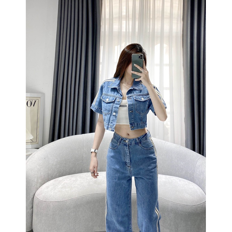 SET JEAN kiểu QUẦN XUÔNG VIỀN SỌC BÊN HÔNG DÁNG DÀI PHỦ GÓT