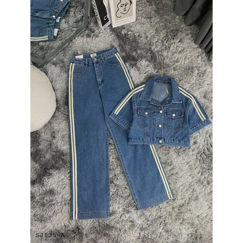 SET JEAN kiểu QUẦN XUÔNG VIỀN SỌC BÊN HÔNG DÁNG DÀI PHỦ GÓT