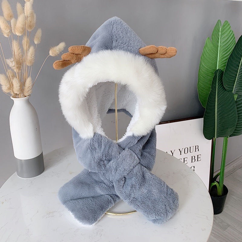 Mũ lông trùm đầu kèm khăn cổ giữ ấm cho bé sừng nai kute