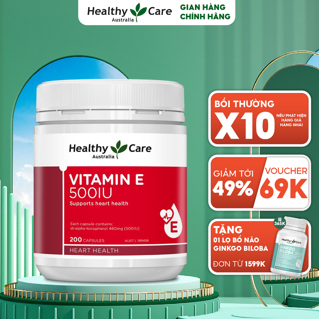 Vitamin E đỏ Healthy Care 500IU Úc chính hãng dưỡng ẩm chăm sóc da dưỡng trắng và mờ thâm sẹo 200 viên