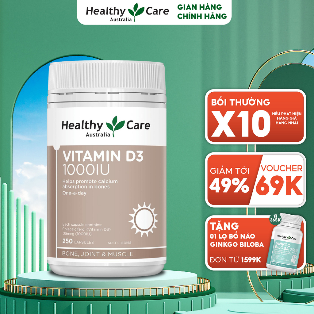 Viên uống chống loãng xương Healthy Care Vitamin D3 1000IU 250 viên Úc