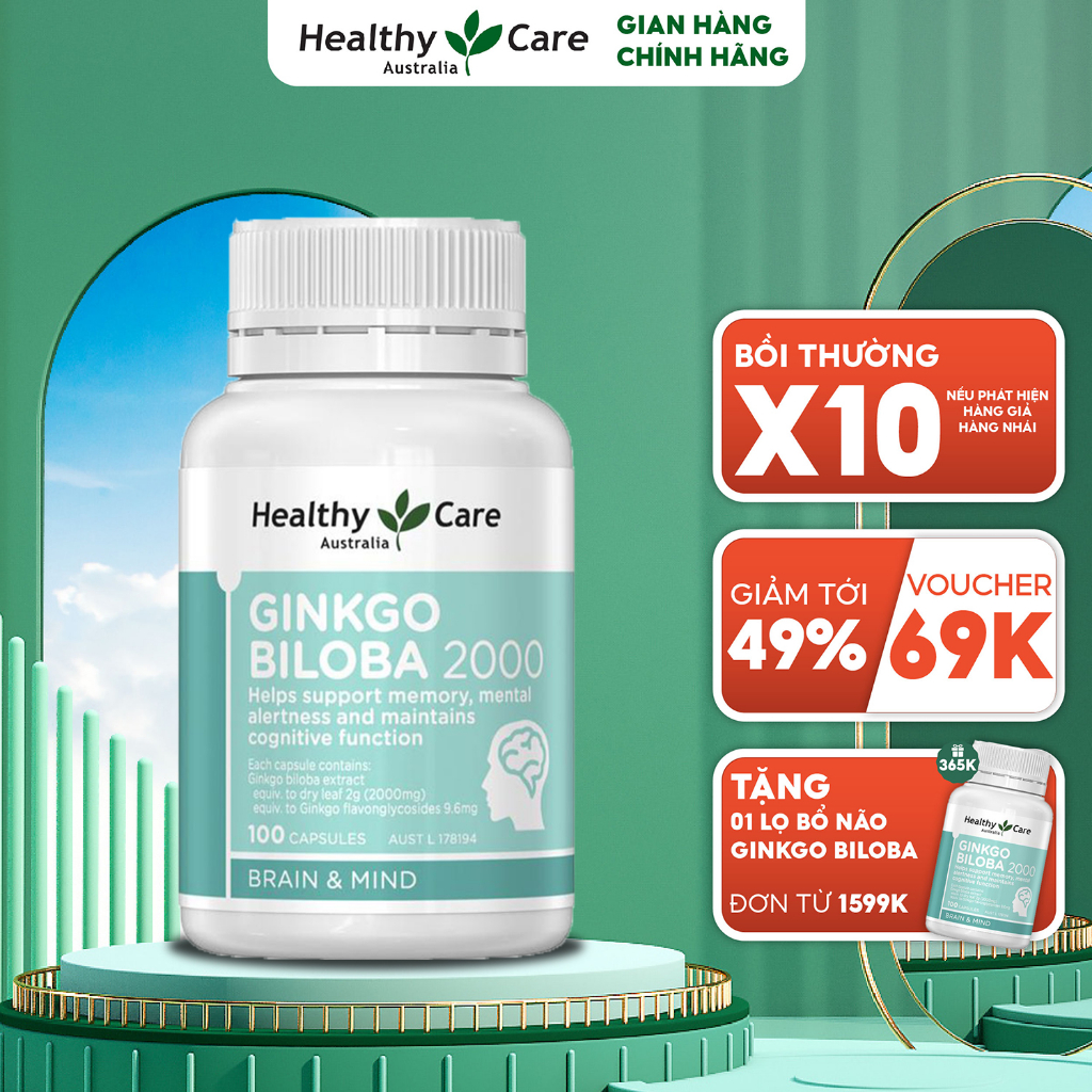 Bổ Não Ginkgo Biloba Healthy Care Úc 100 Viên, Viên Uống Tăng Cường Tuần Hoàn Não Và Cải Thiện Trí Nhớ