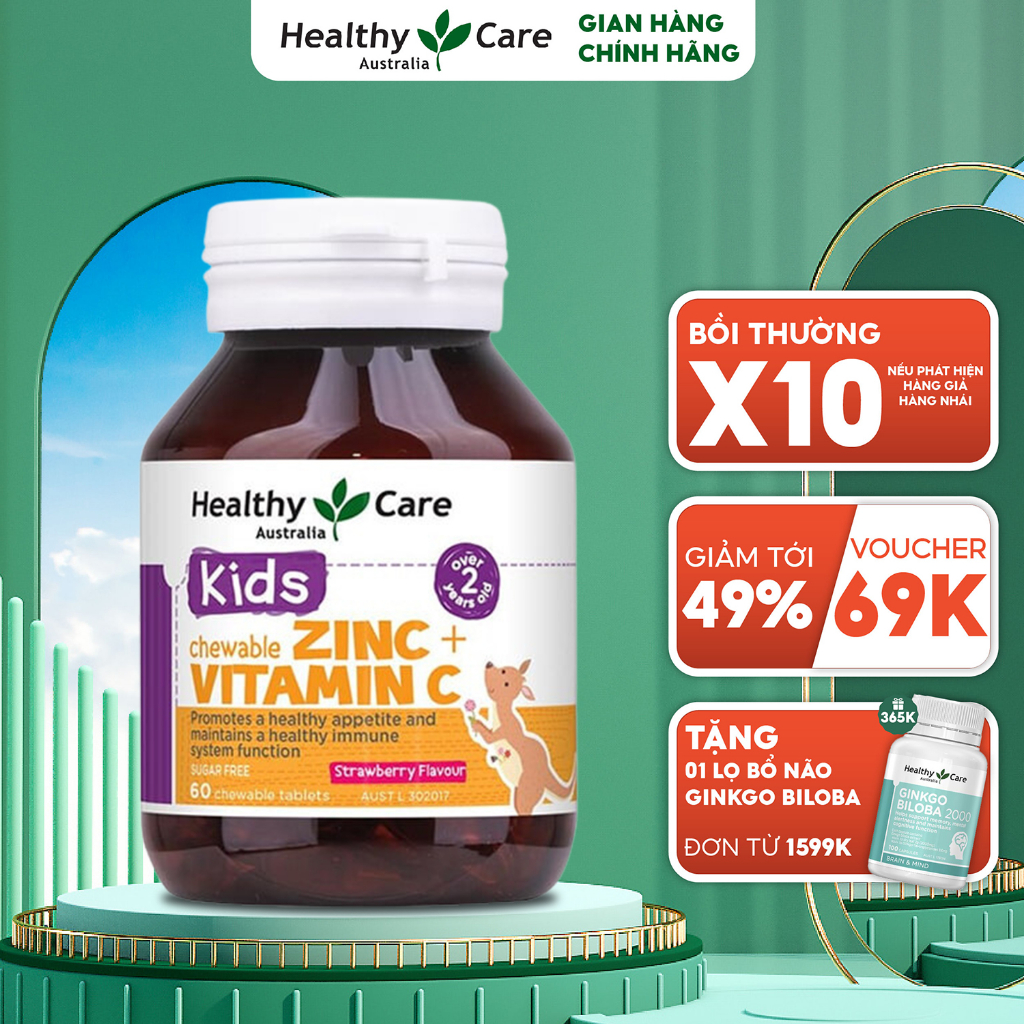 Bio Zinc & Vitamin C Healthy Care Viên Nhai Bổ Sung Kẽm Tăng Đề Kháng Phát Triển Toàn Diện (60 viên vị dâu)