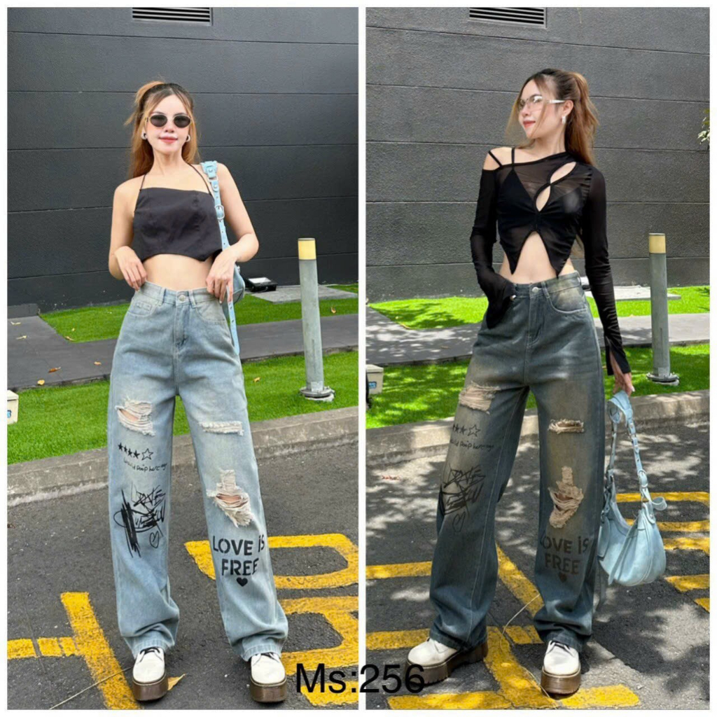 Quần Ống Rộng Jean Nữ Lưng Cao In Chữ Rách Gối