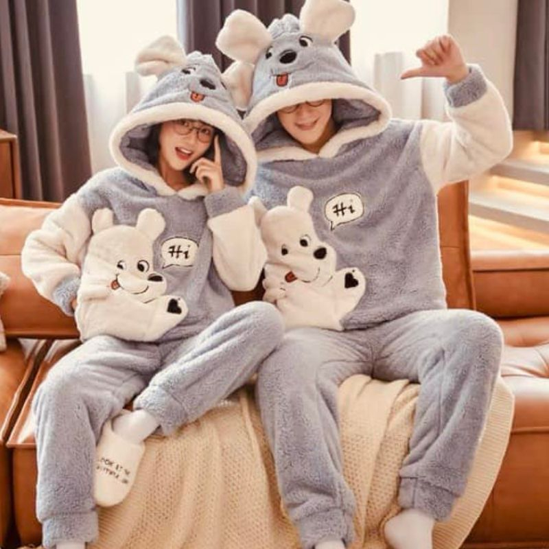 Bộ đồ lông mùa đông áo hoodie thêu gấu tim kèm quần suông rộng, Bộ ngủ lông mượt mà