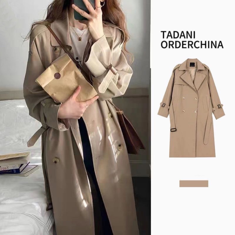 Áo măng tô trendcoat dáng dài hai lớp dày dặn khoác gió có dây thắt eo cổ V hai màu hàn quốc