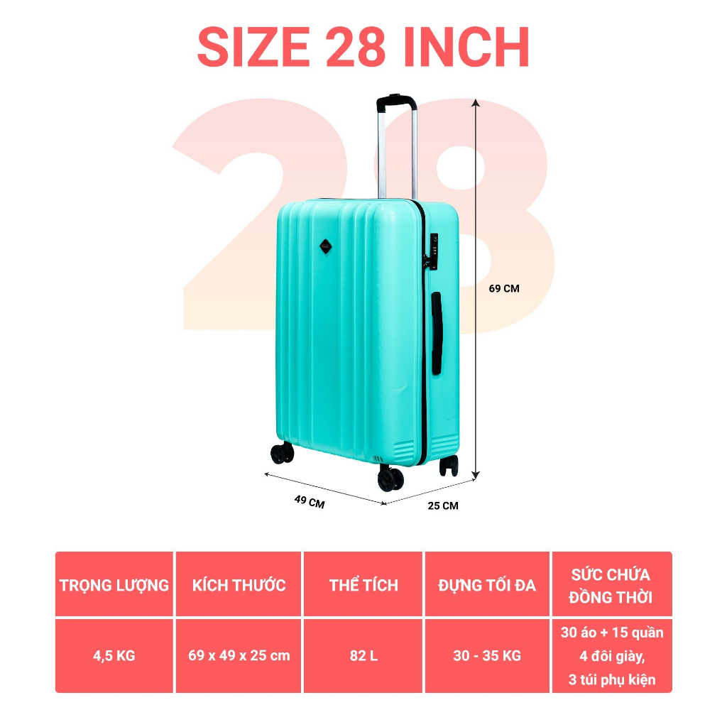 Vali SUNNY BUBULE - PP07 size 28 inch - Nhựa PP chống vỡ tuyệt đối, khóa hải quan TSA