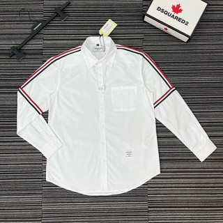  Áo sơ mi trắng nam nữ dài tay vải thô thêu vạch sọc xanh trắng đỏ viền tay cao cấp boy phố SM68P 