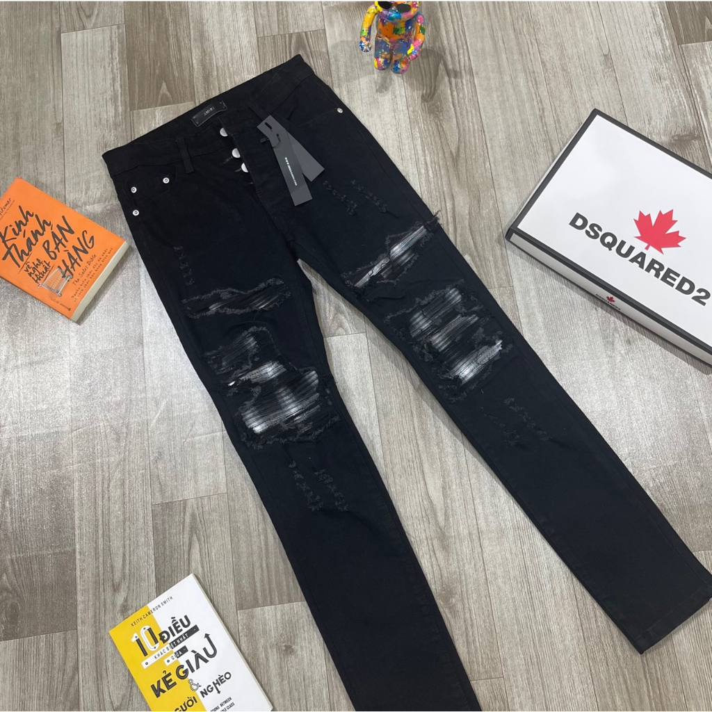 Quần Jean Nam AMIR Hàng 4 Cúc Đen Vá Xám_ Xanh Vá Xám Chất Co Dãn- Thời Trang Nam