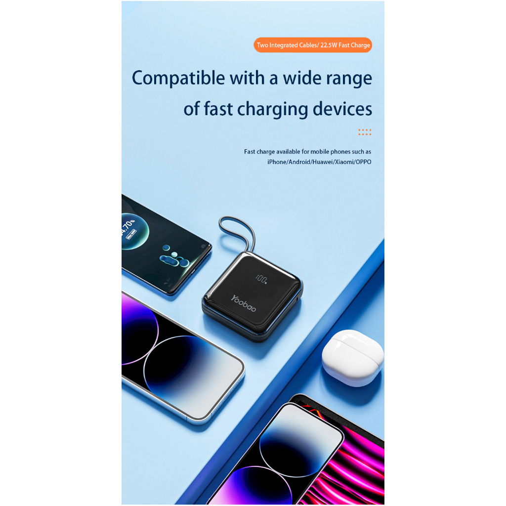 Sạc Dự Phòng Yoobao 10000mAh Sạc Nhanh Tích Hợp Dây Sạc Type-C & Lightning, Màn Hình Hiện Phần Trăm Pin - YOOBAO LK10