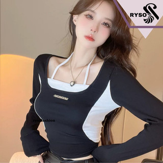 Áo thun crotop nữ ryso fashion tay dài phối cổ yếm thun gân dày dặn