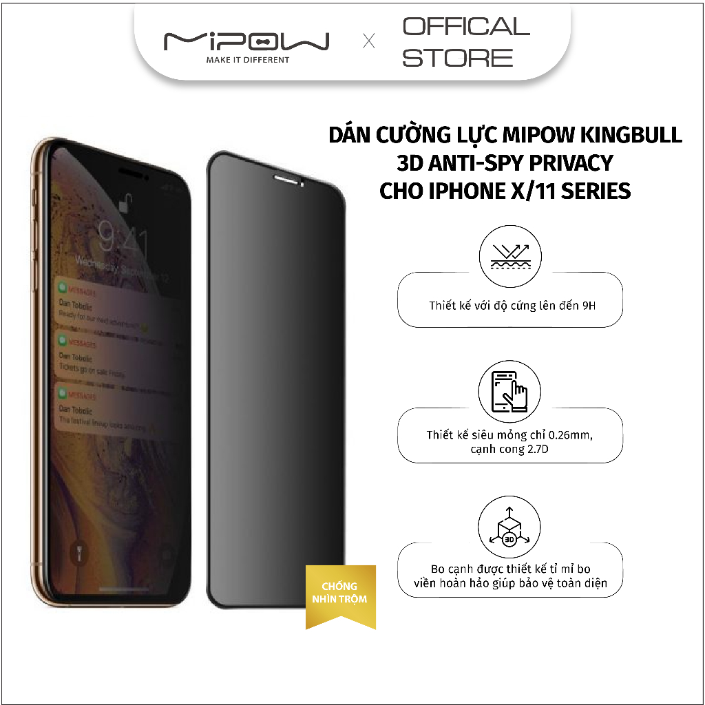 Miếng cường lực chống nhìn trộm Mipow Kingbull Premium 3D cho iPhone XR/XS/XSM/11/11Pro/11Pro Max