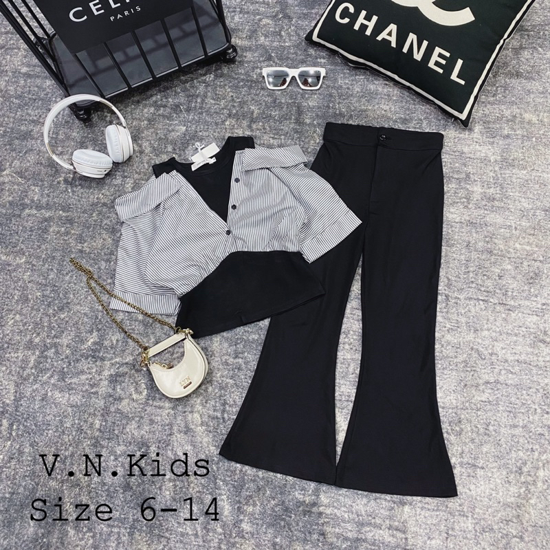 Set sơmi hở vai + quần loe cho Bé size đại 18kg-45kg