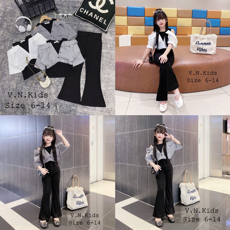 Set sơmi hở vai + quần loe cho Bé size đại 18kg-45kg