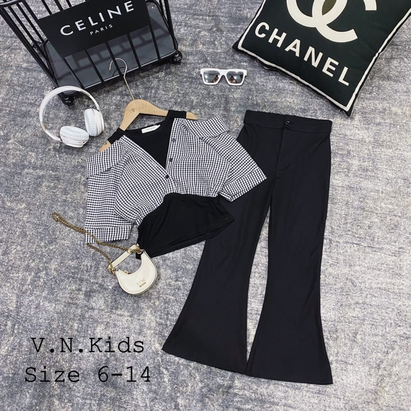 Set sơmi hở vai + quần loe cho Bé size đại 18kg-45kg