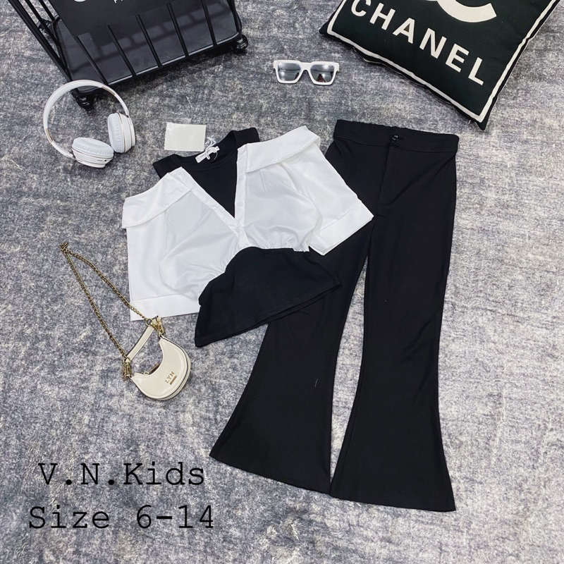 Set sơmi hở vai + quần loe cho Bé size đại 18kg-45kg