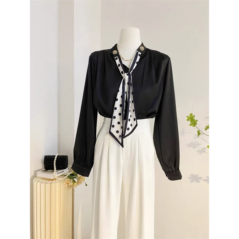 Áo sơ mi nữ công sở, sơ mi lụa  tay dài kèm khăn, sang trọng,lịch sự LA CHIC