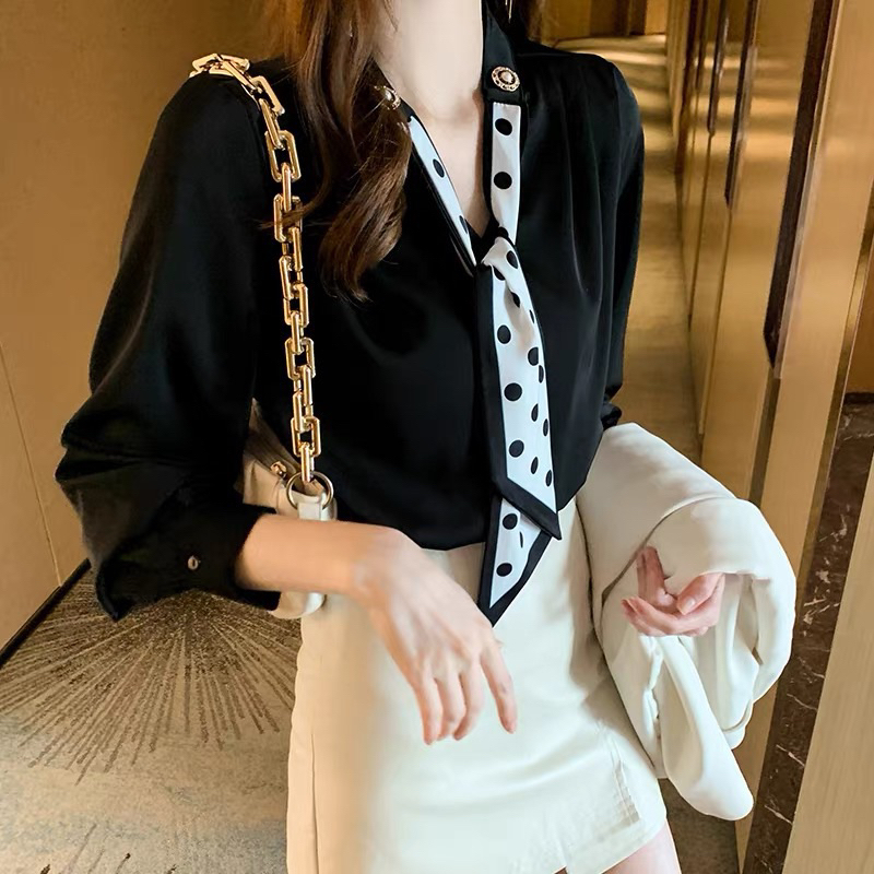 Áo sơ mi nữ công sở, sơ mi lụa  tay dài kèm khăn, sang trọng,lịch sự LA CHIC
