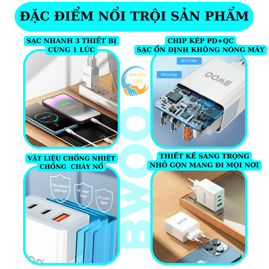 Củ Sạc Nhanh 3 Cổng 40W Bwoo Cho Các Dòng Máy Iphone Samsung Oppo Xiaomi ...BH 12 Tháng