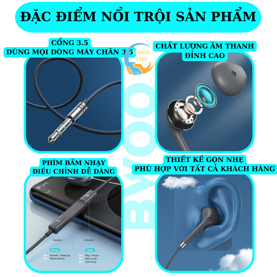 Tai nghe chân tròn 3.5 Bwoo BO-HF20 cho các dòng máy điện thoại máy tính máy nghe nhạc BH 12 Tháng