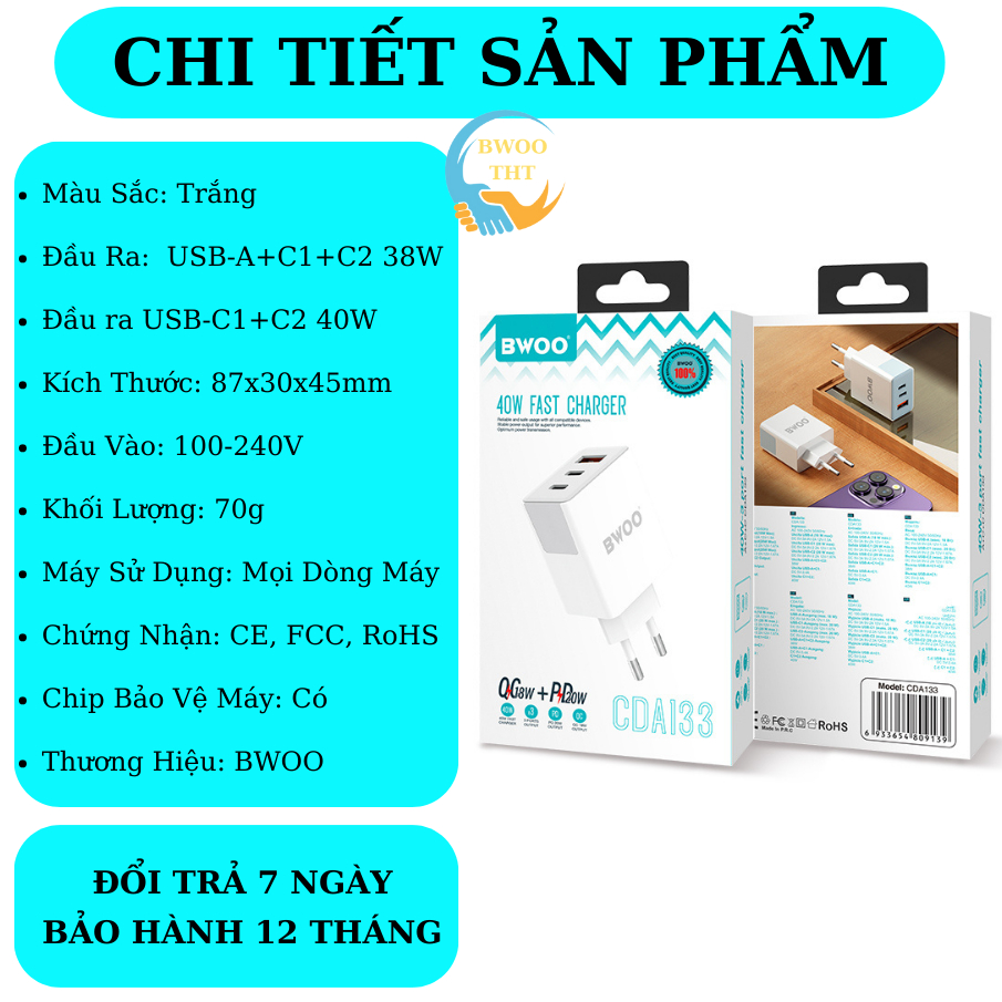 Củ Sạc Nhanh 3 Cổng 40W Bwoo Cho Các Dòng Máy Iphone Samsung Oppo Xiaomi ...BH 12 Tháng