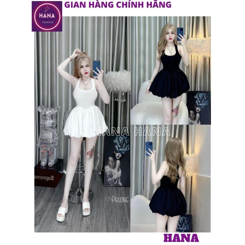 Váy thun 3 lỗ vạt chun bèo xoè bồng bềnh điệu đà, Đầm thun liền phối bồng xinh xắn